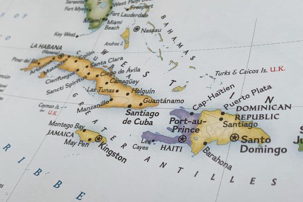 Map of Cuba, Haiti, the Dominican Republic and Jamaica.